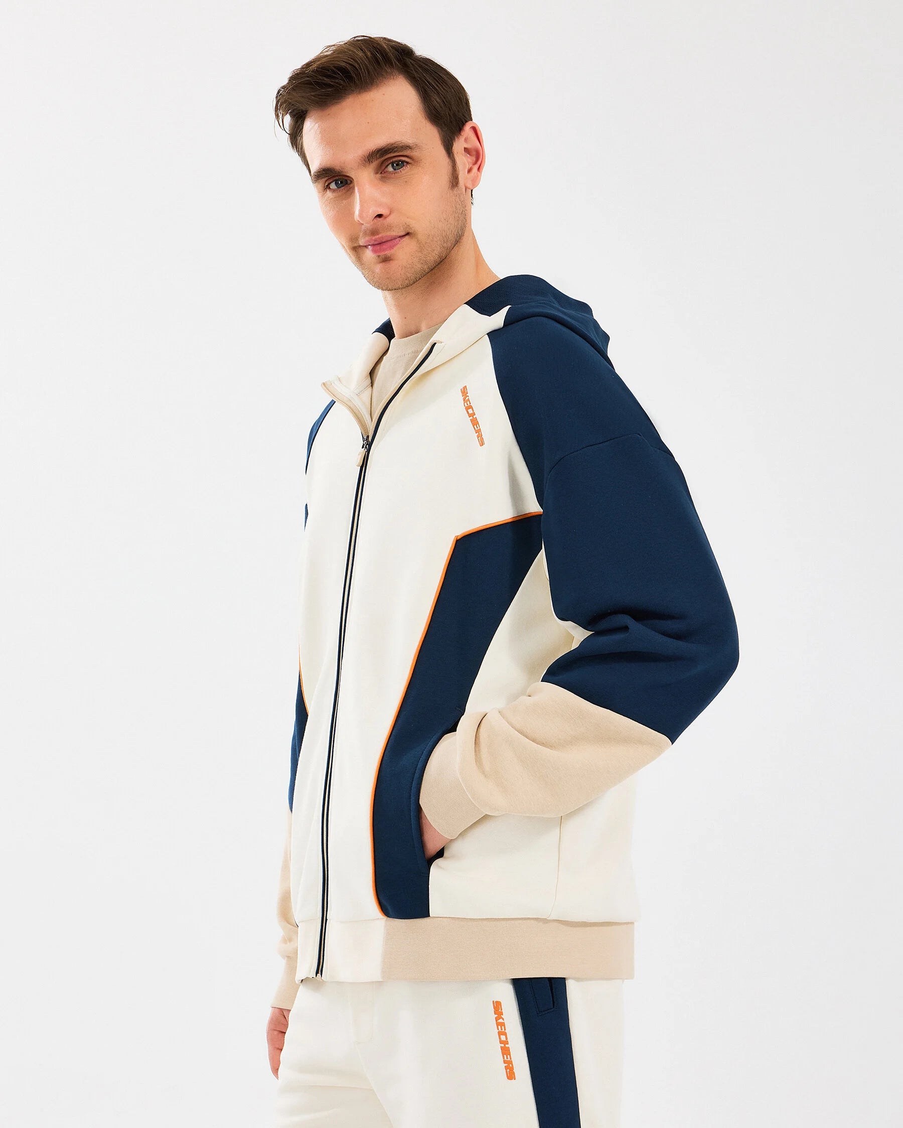 Skechers Diagonal LW Fleece Fullzip Hoodie Beyaz Erkek Sweatshirt